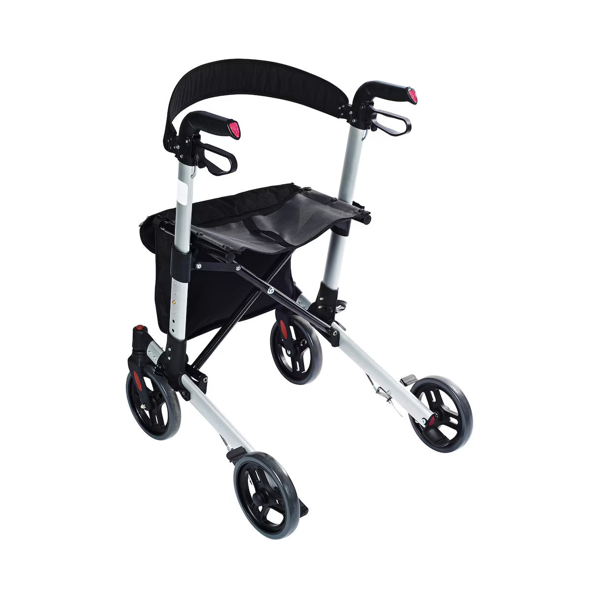 Lichtgewicht Rollator met Zitting – RIDDER Rollator Premium – Opvouwbaar Aluminium Looprek – 4 Wielen – In Hoogte Verstelbaar – Inclusief Rugsteun, Mandje en Remmen – Zilver/Zwart – Ca. 65 x 72 x 84-96 cm