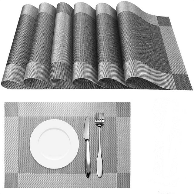 Set van 6 Zilveren PVC Placemats voor de Eettafel - 45x30cm, Wasbaar, Hittebestendig en Eenvoudig te Reinigen, Ideaal voor Keuken, Dineren en Hotels