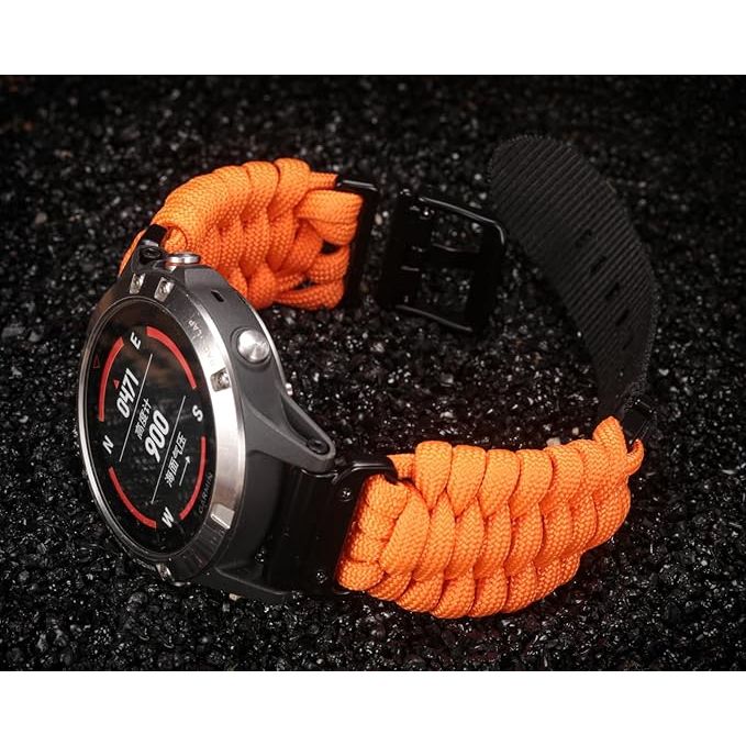 Compatibele 22mm / 26mm Gevlochten Paracord Nylon Horlogeband Voor Garmin – Outdoor Smartwatch Band - Snelsluiting – Geschikt Voor Fenix 7/6/5 Series, Forerunner 955/965/745, MARQ, Epix, Instinct, Quatix, Approach – Heavy Duty Survival Band – Oranje