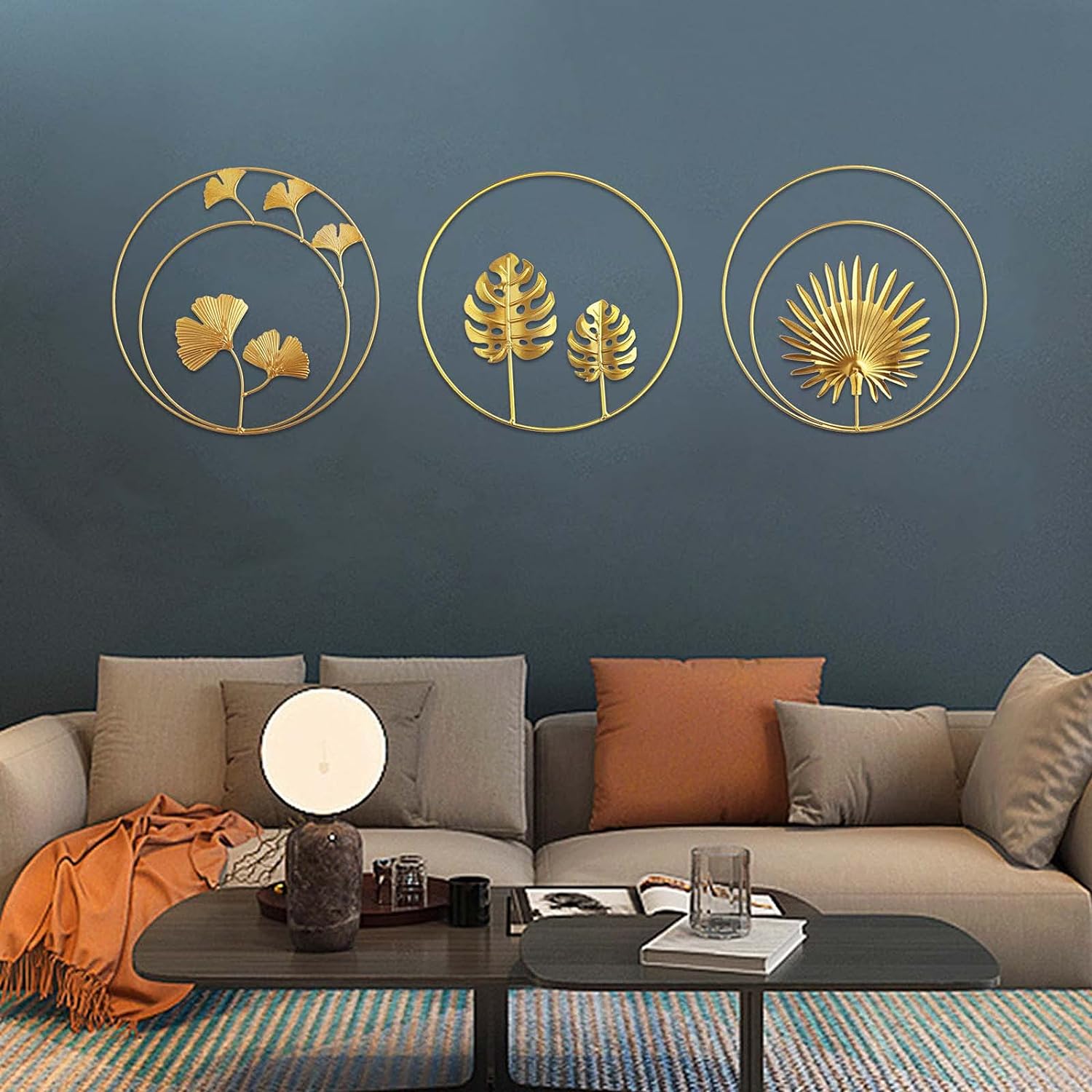 Stuks 3 - Moderne Metalen Wanddecoratie - Stijlvolle Ronde Blad Ornamenten - Elegante IJzeren Muurkunst voor Woon- en Slaapkamer - Goudkleurige 3D Sculpturen
