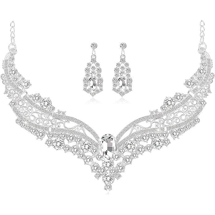 3-Delige Bruids Sieradenset – Zilveren Ketting met Kristallen en Traanvormige Hanger – Rhinestone Oorbellen – Hypoallergeen – Verstelbare Halsketting – Perfect voor Bruiloften, Feestjes en Ceremonies