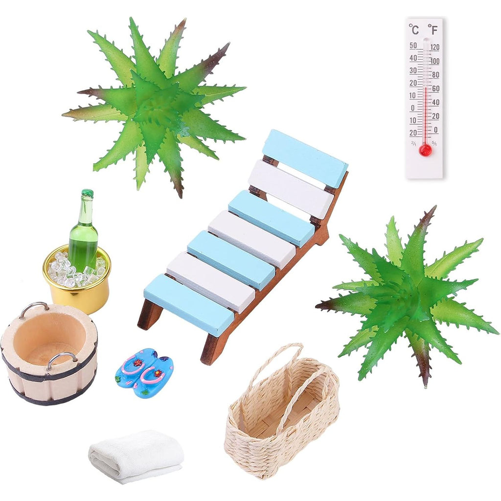 Miniatuur Sauna Accessoires Set - 11-Delige Wellness Deco Accessoires - Spa, Sauna, Wellness Cadeaukaart Idee - Miniatuur Lounger, Handdoek, Houten Ton, Emmer, Kunstplanten - Perfect Voor DIY Landschapsdecoratie En Cadeauverpakkingen