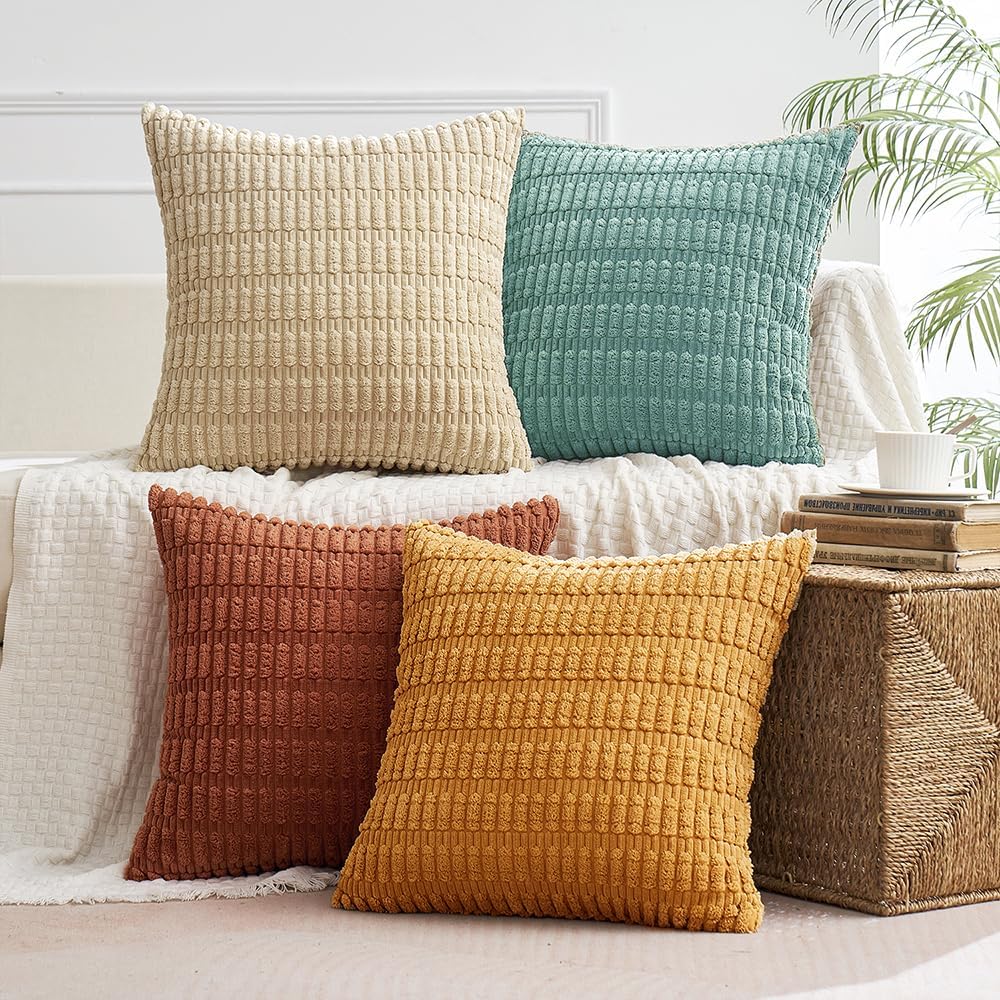 Boho Farmhouse Corduroy Kussenhoezen - 50 x 50 cm - Decoratieve Kussenhoezen voor Woonkamer, Bank, Bed of Veranda - Zacht Gestreept Design - Oranje en Teal - Met Onzichtbare Rits