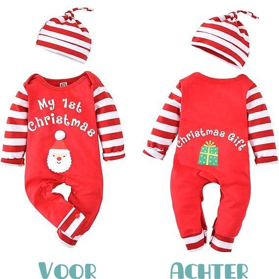 Kerstmis Baby Outfit - Charmante en Comfortabele - Xmas Onesie - Ademende Katoenmix Romper met Bijpassende Hoed in Kerstman of Elf Ontwerp - Ideaal voor Foto’s, Feesten en Eerste Kerstviering - Beschikbaar voor 0-24 Maanden