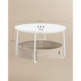 Ronde Salontafel Met Opbergmand – Moderne Bijzettafel Ø75 cm – Woonkamertafel Met Stoffen Mand 57.7L – Metalen Frame En Spaanplaat Tafelblad – Mat Wit En Kameelbruin – Opslagtafel Met U-Poten En Tijdloos Design