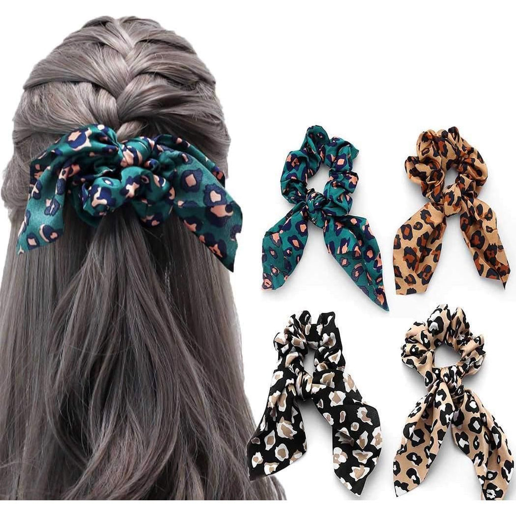 Set van 4 - Zijden Chiffon Haar Scrunchies met Luipaardprint - Luxueuze Haaraccessoires - Elastische Haarbanden - Stijlvol en Comfortabel - Perfect voor Dagelijks Gebruik en Speciale Gelegenheden - Trendy en Duurzaam - Multifunctioneel Design