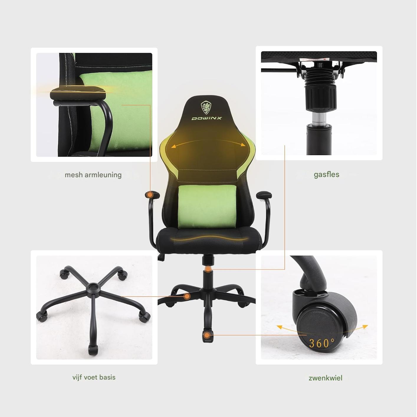 Dowinx Mesh Gaming Chair - Ergonomische Bureaustoel - Verstelbare Hoge Rugleuning - Lendensteun - Schommelstoel - Ademend Gaas - Verstelbare Hoogte - Comfortabel en Compact Ontwerp