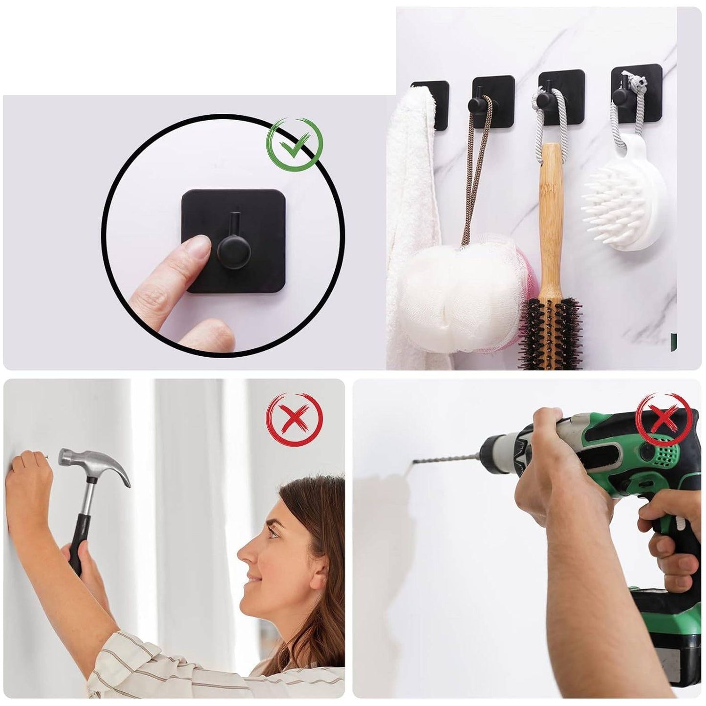 4 Delige Set Zelfklevende Wandhaken - Gemaakt van Zwart Roestvrij Staal - Eenvoudige Installatie Zonder Boren - Sterk, Duurzaam en Waterdicht - Ideaal voor Keuken, Badkamer en Kantoor Use