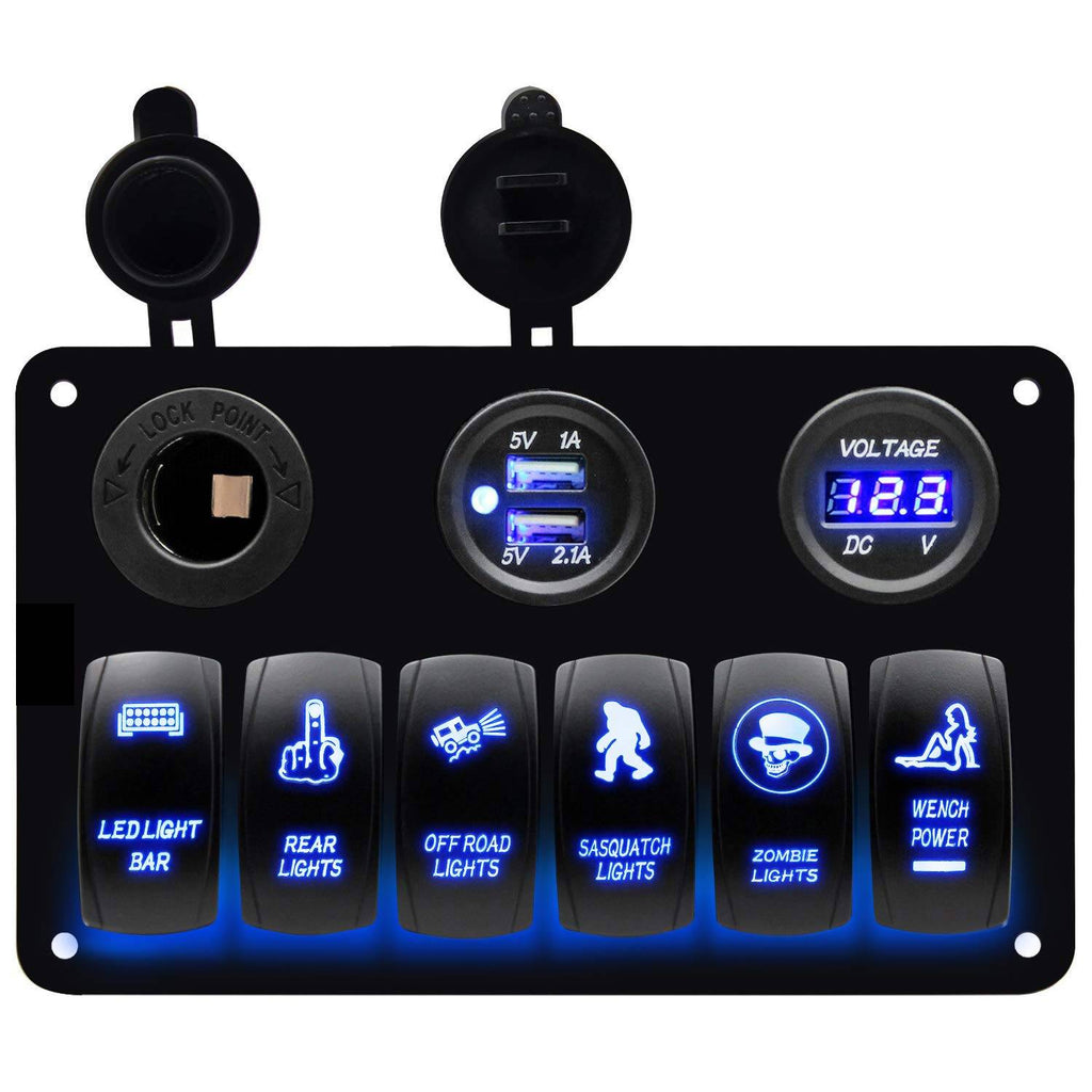 6-Delige Schakelpaneel - LED Verlichte Rocker Switch met Sigarettenaansteker, Dubbele USB-Oplader & Voltmeter - Voor 12V-24V Auto's, Aanhangwagens, UTV's, Boten, Campers