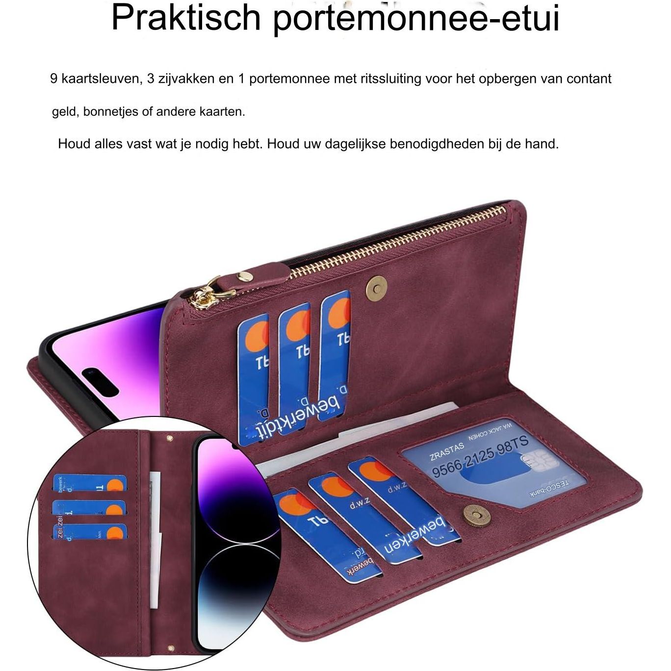 iPhone 15 Pro Hoesje Met Lanyard - iPhone 15 Pro Case - Flip Wallet Lederen Hoes - 9 Kaartsleuven - Dubbele Magnetische Sluiting - Beschermende Cover Voor iPhone 15 Pro Max - Rood - Shockproof TPU Magnetische Beschermhoes