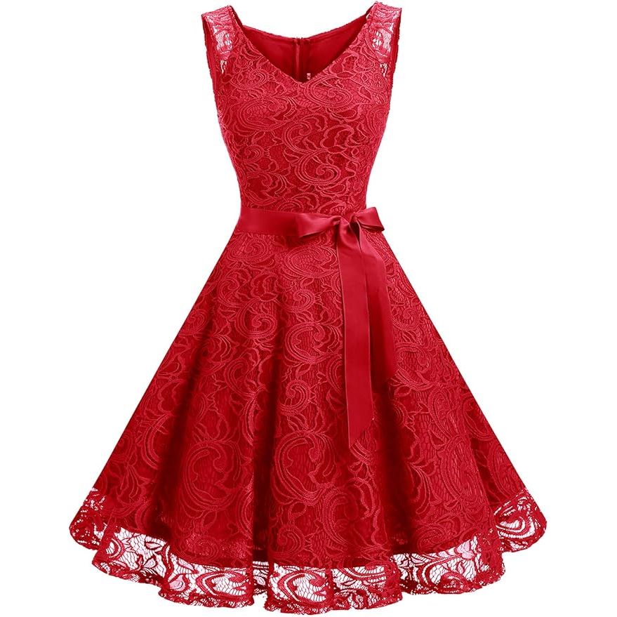 Korte Cocktailjurk met Kant – V-Hals – Mouwloos – Knie-lengte – A-Lijn Feestjurk met Afneembare Tailleband – Zachte & Rekbare Stoffen – Voor Feest, Bruiloft, Gala, Date of Club – Elegant & Comfortabel