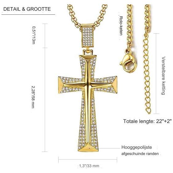 1 Stuk - Klassieke Kruis Hanger Ketting - Roestvrij Staal - Hoogglans Gepolijst - Voor Mannen en Jongens - 22-24 Inch Rolo Ketting - Zilver/Goud/Zwart - Verstelbaar - Religieuze Sieraden - Met Luxe Opbergzakje