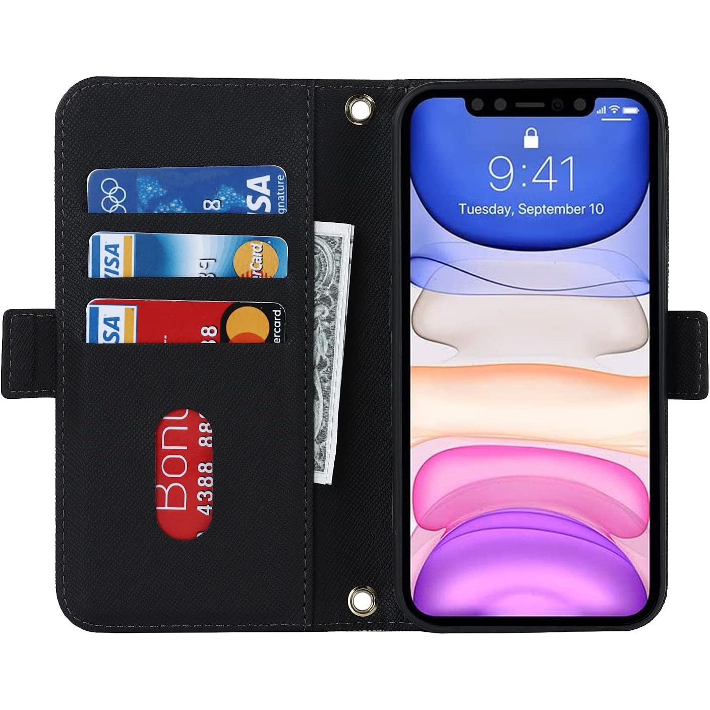 mobiele telefoonketting voor iPhone 11 - hoes met riem - mobiele telefoonhoes voor iPhone 11 - flip lederen portemonnee hoes - spiegel - 5 kaartsleuven - magnetische sluiting - beschermhoes - flip case - telefoonhoesje voor iPhone 11