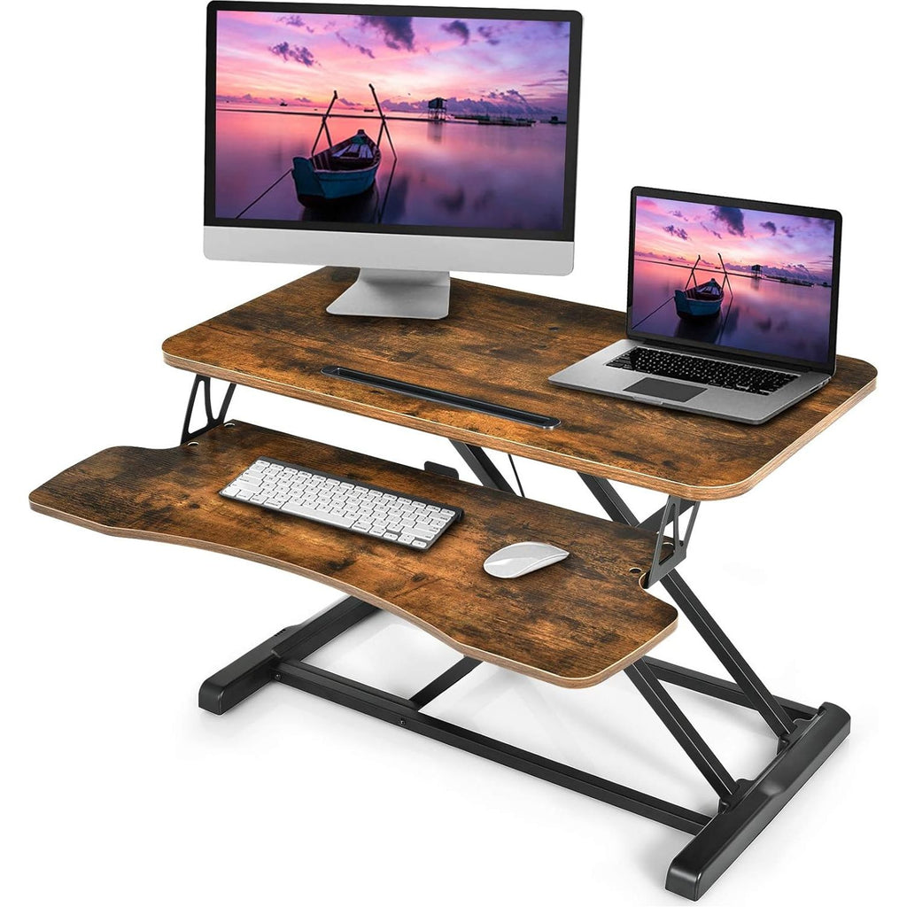 Hoogteverstelbaar Zit-Sta Bureau met Toetsenbordplank en Tablet Houder - X-Vormige Verstelbare Werkplek - Ruim Tafelblad met Kabelbeheer en Anti-slip Voetjes - 80 x 40 cm - Eiken Afwerking