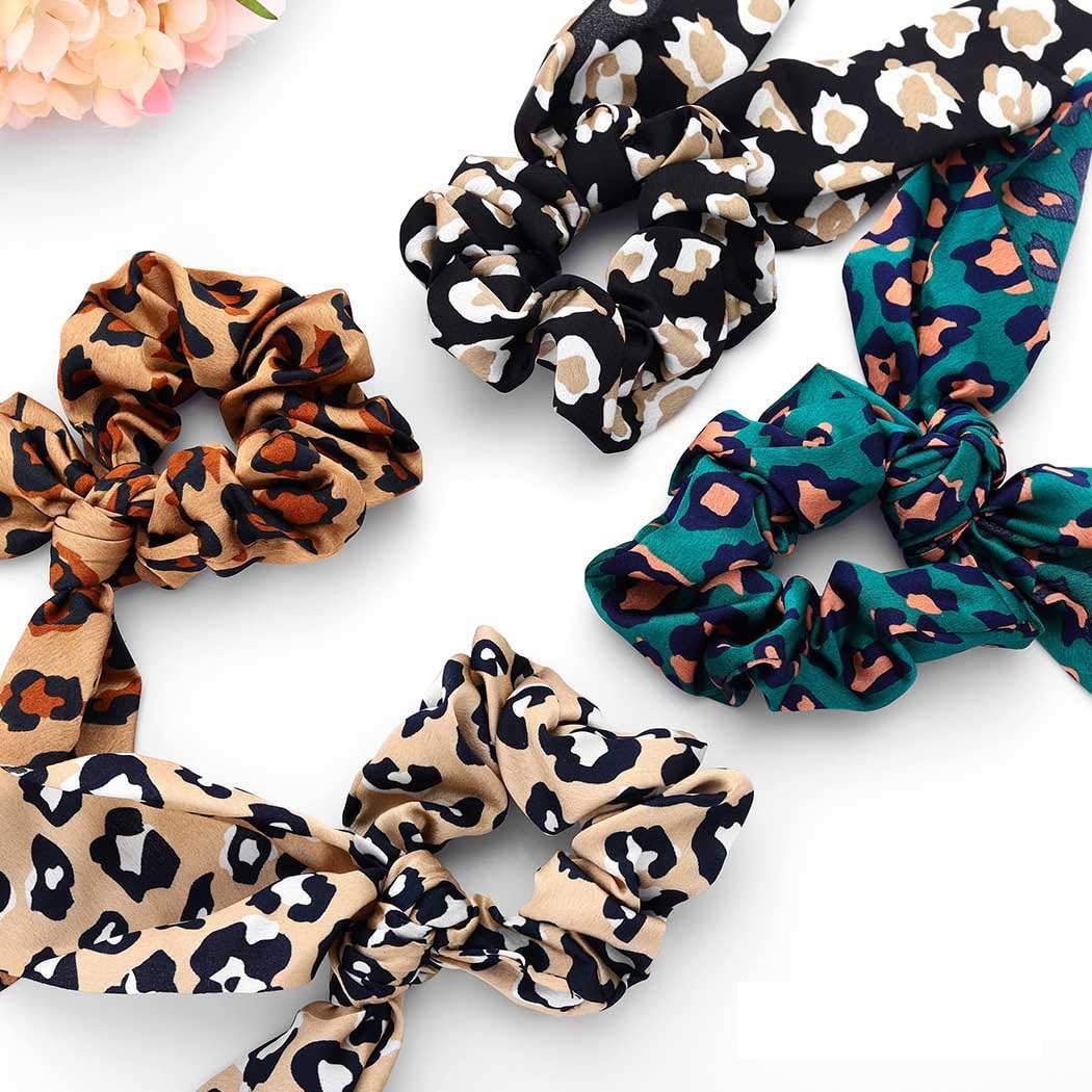 Set van 4 - Zijden Chiffon Haar Scrunchies met Luipaardprint - Luxueuze Haaraccessoires - Elastische Haarbanden - Stijlvol en Comfortabel - Perfect voor Dagelijks Gebruik en Speciale Gelegenheden - Trendy en Duurzaam - Multifunctioneel Design