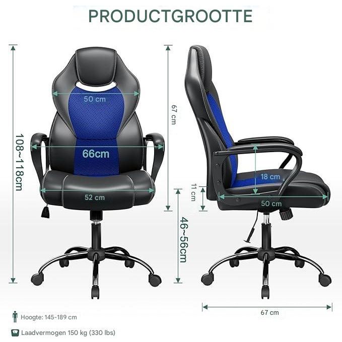 Ergonomische Gaming Stoel - Bureaustoel met Hoofdsteun en Armleuningen - Racingstoel voor Kantoor en Thuis - Verstelbare Rugleuning en Zithoogte - Comfortabele en Stabiele Computerstoel - Bureaustoel - Zwart en Blauw