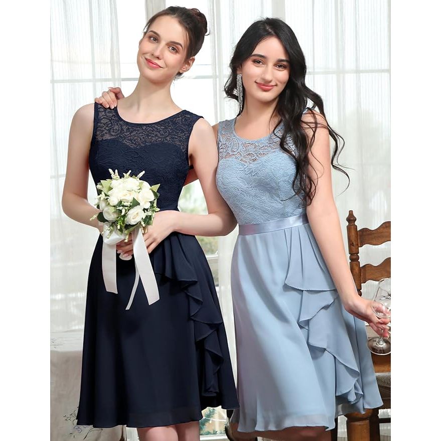 Elegante Cocktailjurk Voor Dames - Maat S – Knie-Lange A-Lijn Jurk – Mouwloos Met Ronde Hals – Chiffon En Kant Jurk Met Strik – Ruches Zoom – Perfect Voor Bruiloften, Feestjes En Avondgelegenheden