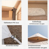 Opblaasbare Katoenen Tent – Luxe Outdoor Camping Cabin Tent met Pomp – 4-Seizoenen Waterdichte Canvas Tent zonder Stokken – 3-4 Personen – 210×300×200 cm – Khaki