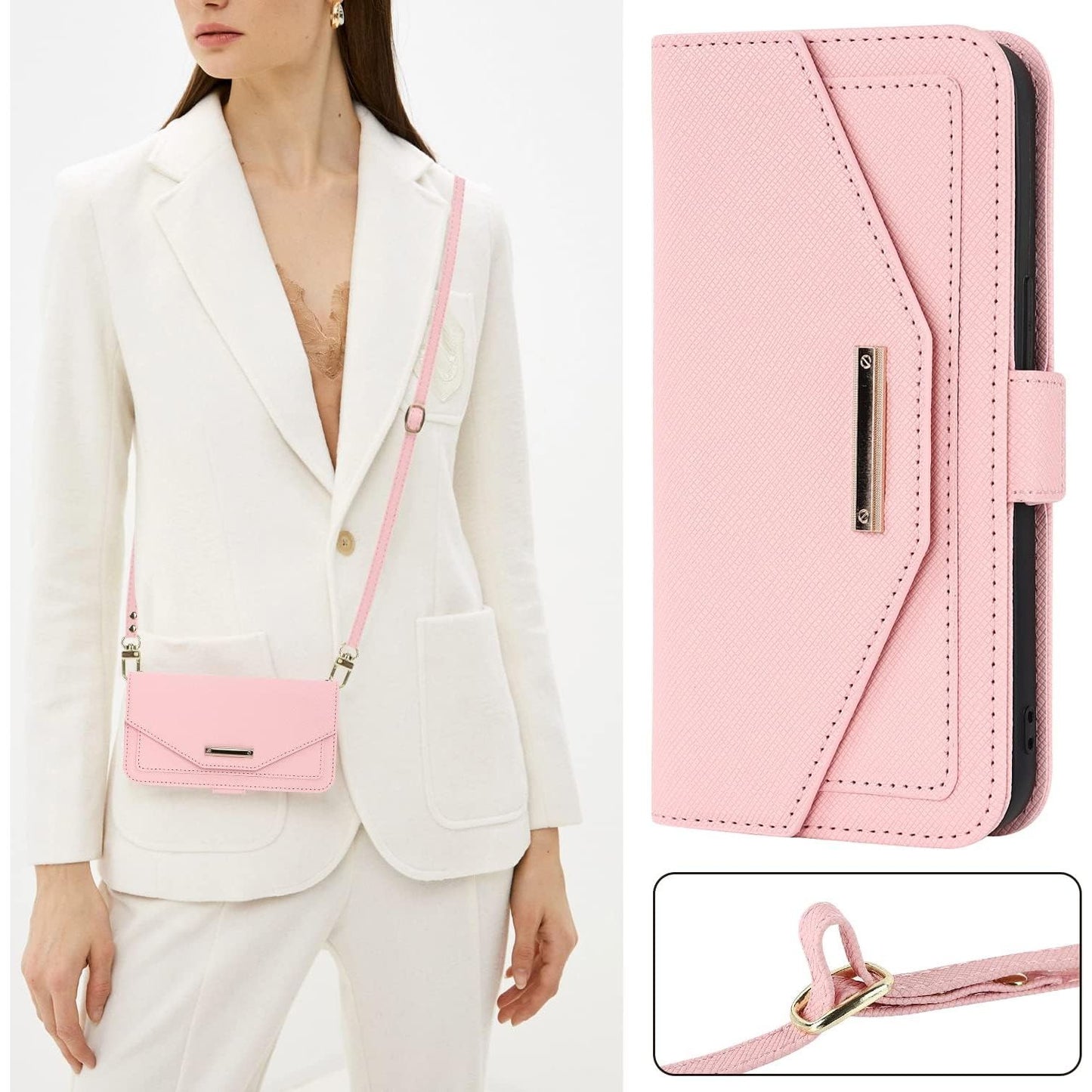Mobiele telefoon ketting - iPhone 14 Pro Max hoesje met riem - Flip leren portemonnee telefoonhoes - Spiegelfunctie - Met 5 kaartsleuven - Magnetische sluiting - Beschermende flipcase voor iPhone 14 Pro Max - Roze