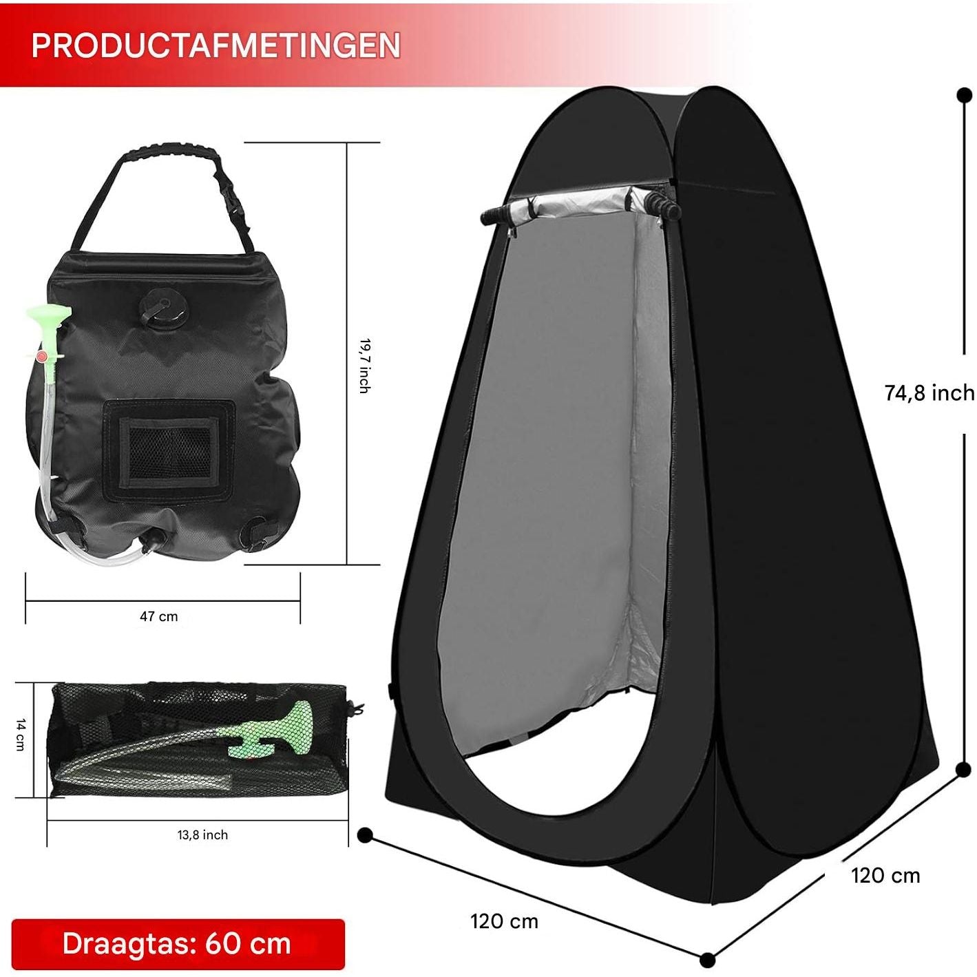 Pop-Up Douchetent met 5 Gallon Solar Shower Bag – 2-Delige Privacy Tent Set voor Camping & Strand – Opvouwbare Draagbare Toilet- en Ombkledtent – Waterdicht, UV-Bescherming & Ventilatie – Inclusief Draagtas – Zwart