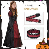 Vampier Kostuum Voor Meisjes - Lange Zwarte En Rode Vampier Jurk Met Halsband - Gothic Kinderkostuum Voor Halloween, Carnaval, Cosplay - Maat 4-9 Jaar - Luxe Halloween Verkleedjurk Met Spinmotief