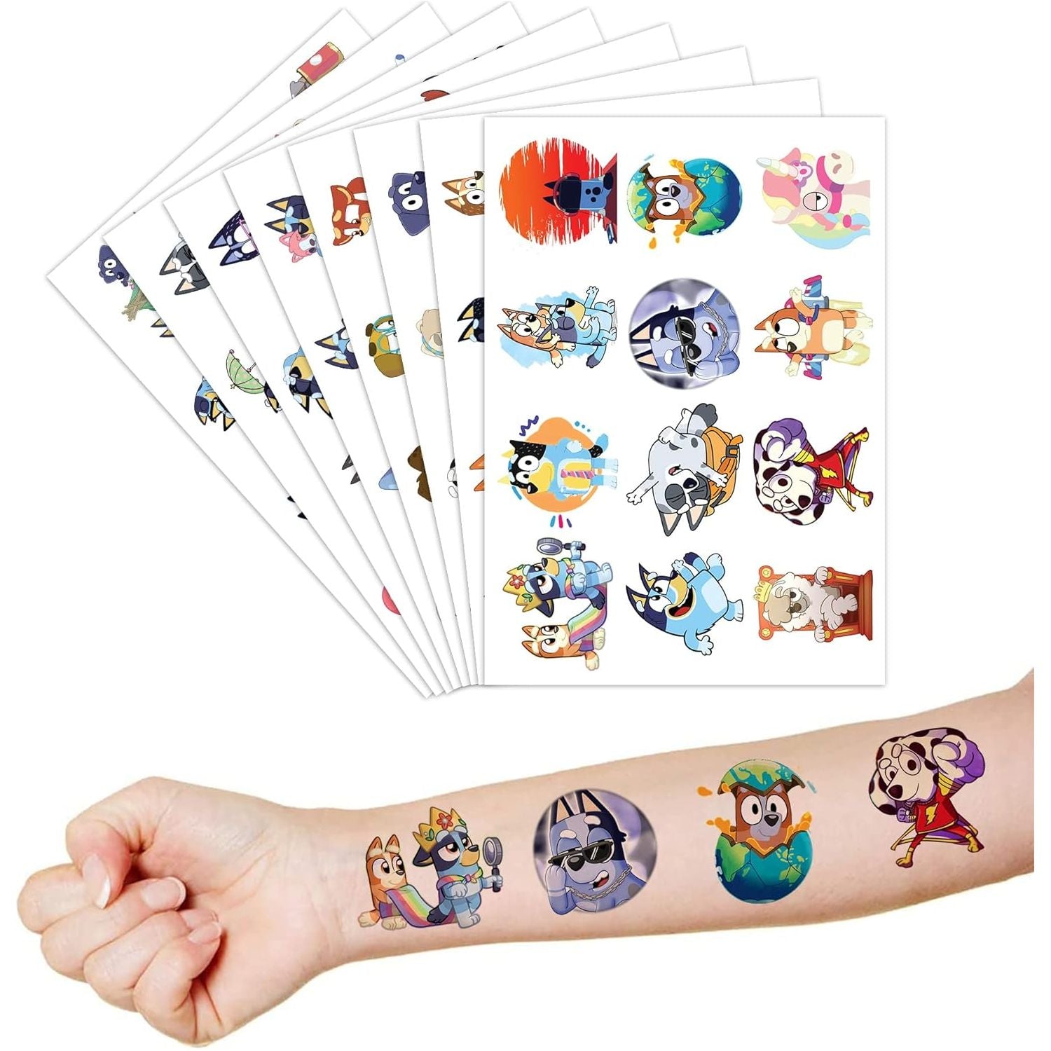 Bluey Themafeest Tijdelijke Tattoos - 8 Vellen, 96 Stuks Cartoonstijl Tattoos voor Kinderen - Veilig en Leuk voor Verjaardagen, Schoolbeloningen en Feestdecoratie
