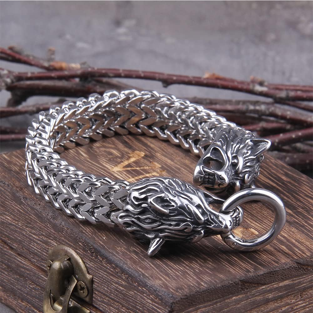 Heren Armband – Wolfskop Cuff – Geri en Freki Viking Stijl – Massief Roestvrij Staal – Punk Biker Design – 12 mm Breed – Verkrijgbaar in 19 cm, 21 cm, 23 cm – Hypoallergeen en Handgemaakt – Odin Viking Amulet Sieraad