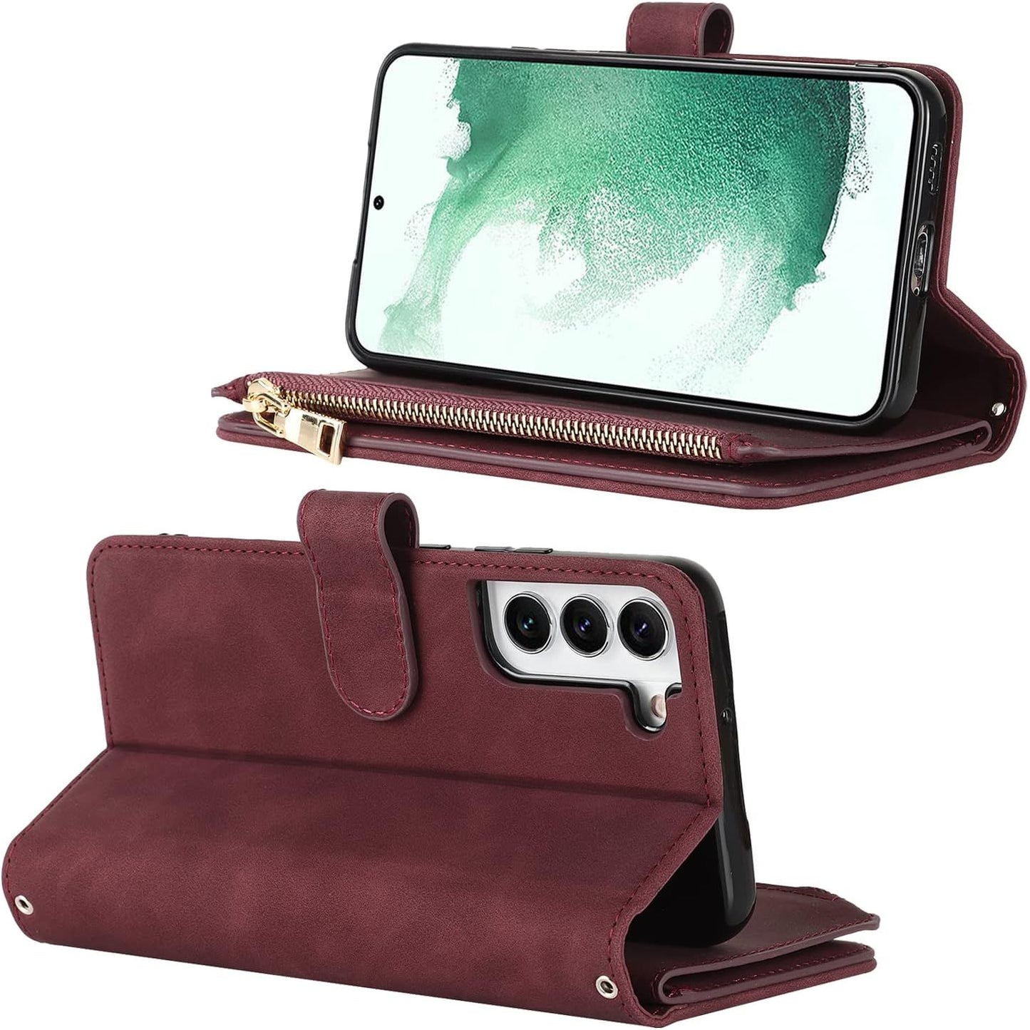 Beschermend Mobiel Hoesje met Riem voor Samsung S22 Plus - Flip Lederen Portemonnee Telefoonhoes - 9 Kaartsleuven - Magnetische Sluiting - Beschermende Flip Case voor Samsung Galaxy S22 Plus - Rood Design - Stijlvolle Telefoonketting Accessoire