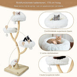 XXL Kattenboom 178 cm - 4 Etages - Kattentoren met Sisal Krabpalen - 3 Pluche Zitstokken - Hangende Pompons - Afneembare Kussens - Sterk Metalen Frame - Elegante Krabpaal voor Binnen - Beige