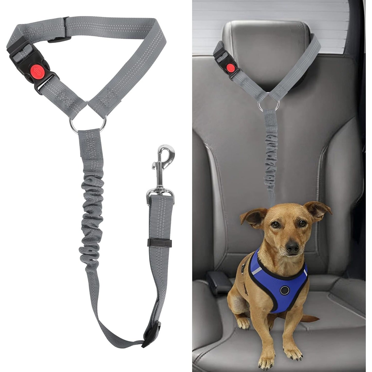1 Stuk - Verstelbare Hoofdsteun Honden Autogordel - Elastische Autoveiligheidsgordel Voor Honden en Katten - Sterke Nylon Bungee Buffer Hondentuigje - Grijs - Geschikt Voor Kleine, Middelgrote en Grote Huisdieren - Veilig Reizen Met Huisdieren