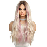 Luxe Rosetint Blonde Lange Krullende Damespruik - Synthetisch, Hittebestendig Haar - Inclusief Pruikennetje en Kam - Ideaal voor Dagelijks Gebruik en Cosplay - Natuurlijke Uitstraling