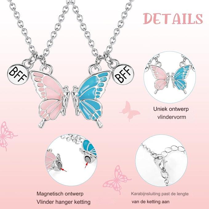 2 Stuks - Vriendschapsketting Voor Vrouwen - Bff Kettingen Voor 2 Meiden - Zilveren Vlinderhanger Ketting - Mode Sieraden - Ketting Met Hartvormige Puzzelhanger - Persoonlijke Sieraden - Meerkleurige Kettingen - Blauw Roze
