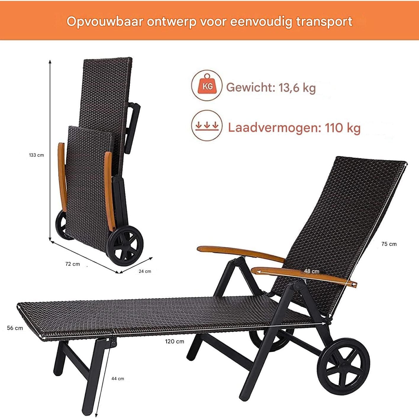 LIVARNO Home – Inklapbare Ligstoel – Aluminium Frame – Polyrattan Bekleding – Met Armleuningen en 2 Wielen – 6-Posities Verstelbaar – Voor Tuin, Balkon of Zwembad – 195 x 112 x 72 cm –