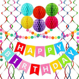 14 Delig - Vrolijke Regenboog Verjaardagsdecoratie Set - Happy Birthday Banner, Honingraatballen, Metallic Hangende Swirls en Cirkel Papieren Slinger