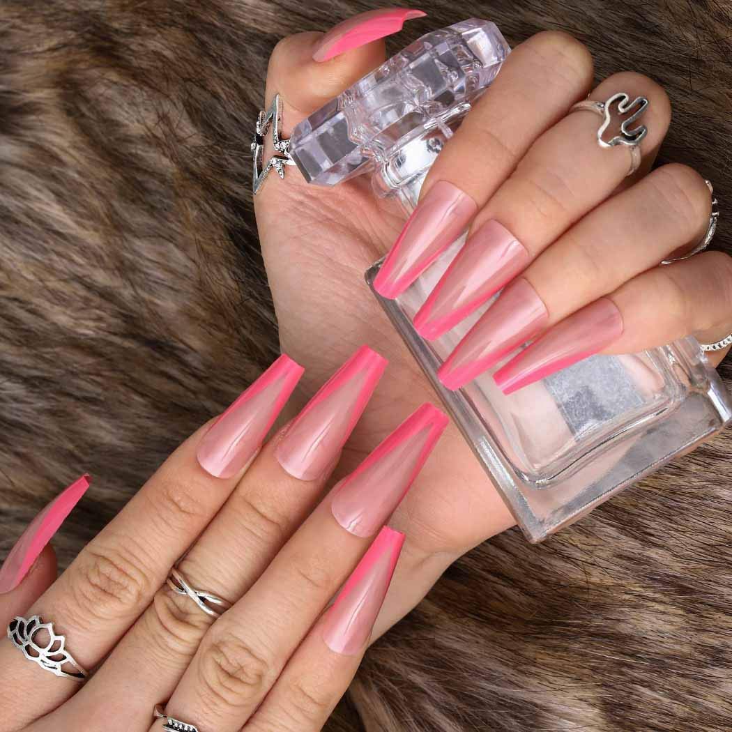 Hot Pink French Press on Nails - Designer Fake Nagels voor een Stijlvolle Look - Langdurige Coffin Acryl Nagels (Glanzend) - 24 Stuks
