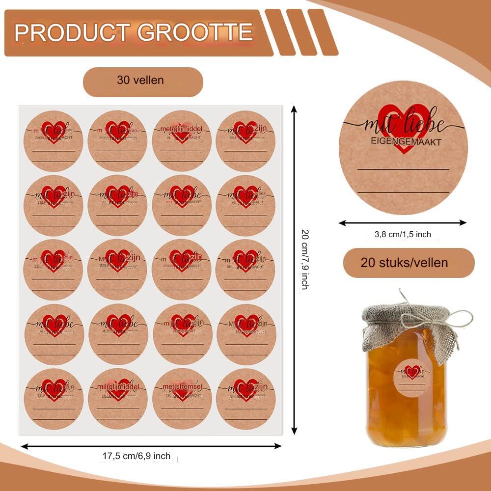 600 Stuks Ronde Kraft Jam Labels Voor Jampotten - Zelfklevende Stickers Voor Jam, Inmaakpotten en Cadeaus - Blanco Kraft Etiketten - 6 Verschillende Stijlen - Bruin - Natuurlijke Kraft Papieren Stickers - 30 Vellen x 20 Labels Per Vel
