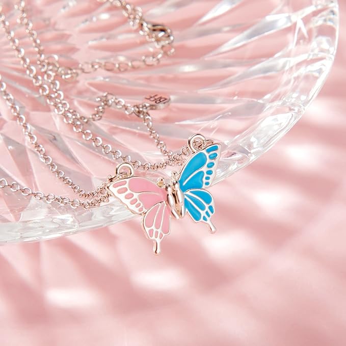 2 Stuks - Vriendschapsketting Voor Vrouwen - Bff Kettingen Voor 2 Meiden - Zilveren Vlinderhanger Ketting - Mode Sieraden - Ketting Met Hartvormige Puzzelhanger - Persoonlijke Sieraden - Meerkleurige Kettingen - Blauw Roze