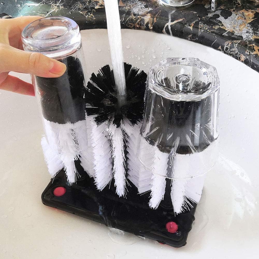 Glazenspoelborstel met 3 Nylon Borstels – Zuignapvoet voor Spoelbak – Ø 17 cm x 17,5 cm – Krasvrije Reiniging voor Bierglazen, Wijnglazen &amp; Mokken – Horecakwaliteit