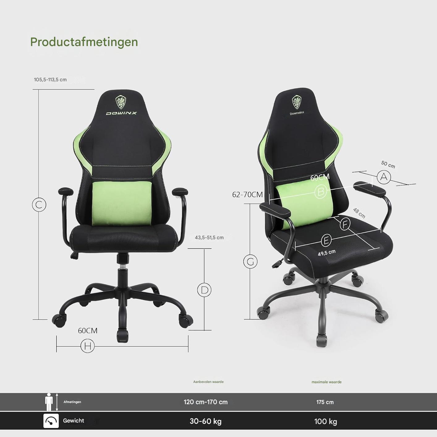 Dowinx Mesh Gaming Chair - Ergonomische Bureaustoel - Verstelbare Hoge Rugleuning - Lendensteun - Schommelstoel - Ademend Gaas - Verstelbare Hoogte - Comfortabel en Compact Ontwerp