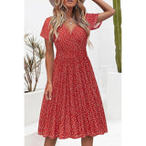 VOTEPRETTY Dames Zomerjurk - Korte Mouwen - Knielange V-Hals Wikkeljurk met Zakken - Casual Midi Jurk - Elegante A-Lijn Pasvorm - Luchtig Polyester en Elastaan - Voor Strand, Vakantie, Feest of Dagelijks - Rood - Maat S