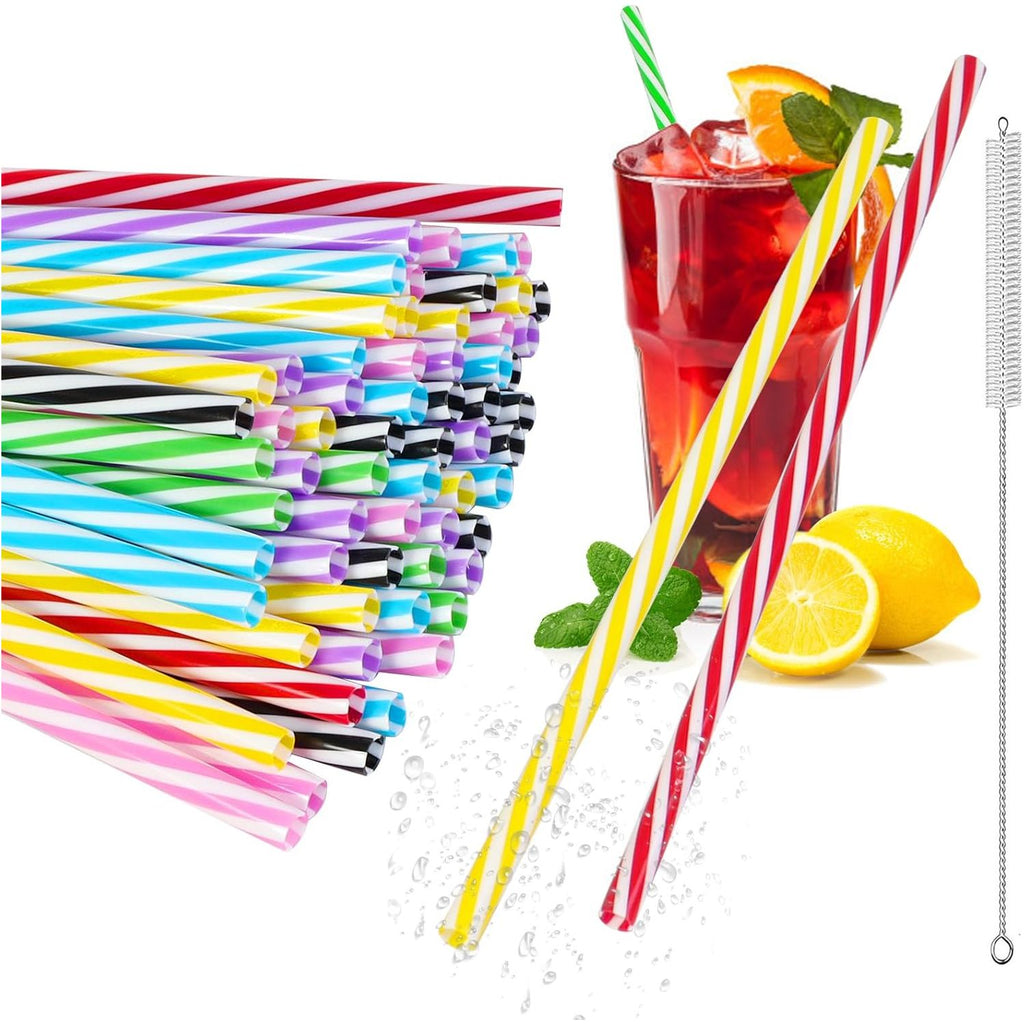 120 Stuks - Herbruikbare Plastic Rietjes - Met Reinigingsborstel - 23 cm Lang - Regenbooggestreept - Geschikt Voor Smoothies, Sap, Cocktails en Warme Dranken - Duurzaam en Afwasmachinebestendig
