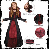 Vampier Kostuum Voor Meisjes - Lange Zwarte En Rode Vampier Jurk Met Halsband - Gothic Kinderkostuum Voor Halloween, Carnaval, Cosplay - Maat 4-9 Jaar - Luxe Halloween Verkleedjurk Met Spinmotief