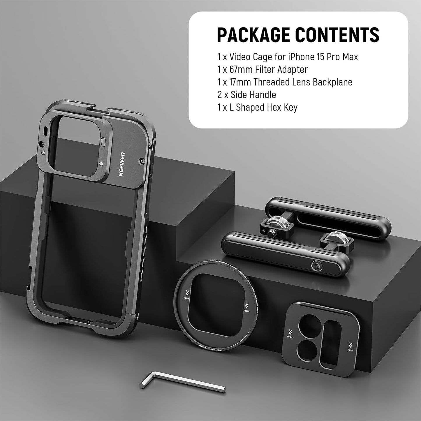 NEEWER 15 Pro Handheld Telefoonkooi Kit Video Rig met Dubbele Handvatten - Compatibel met iPhone 15 Pro - Smartphone Video Rig - 1/4 inch schroefaansluiting - Zwart
