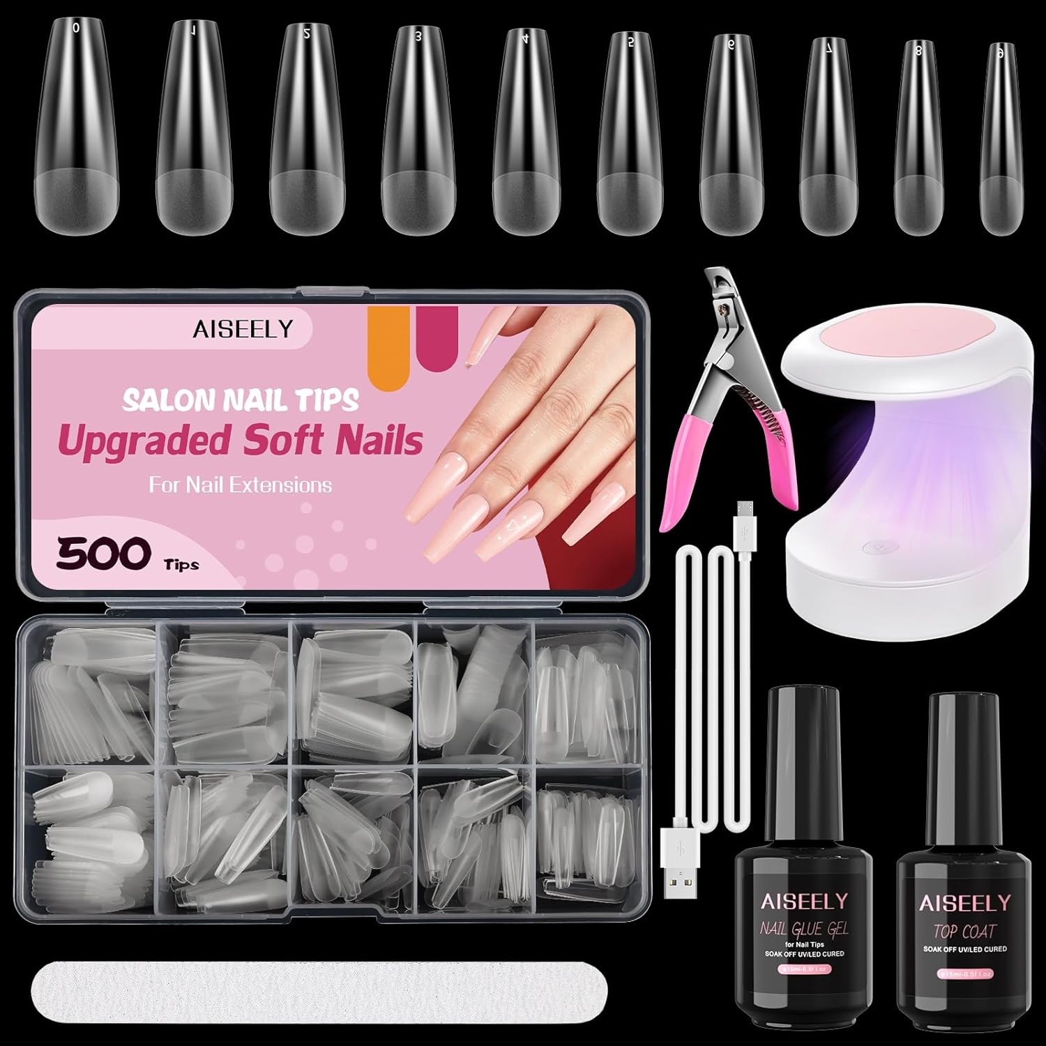 Nageltipset met UV LED Lamp en Nagellijm Gel - 500 Stuks Onbreekbare Nageltips voor DIY Manicure - Inclusief Toplaag, Nagelvijl, Acryl Nagelknipper - Ideaal voor Thuisgebruik