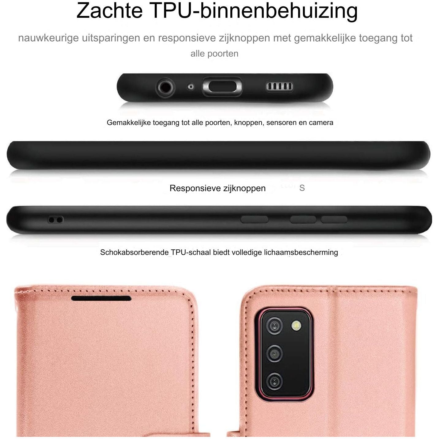 Portemonnee Lederen Hoesje voor Galaxy A02s - Flip Beschermhoes met Portemonnee Kaarthouder, Stand en Polsband - Roségoud PU Lederen Hoesje met Magnetische Sluiting Ontworpen Voor Samsung A02s, Luxe Bescherming, Handige Stand, Veilige Sluiting
