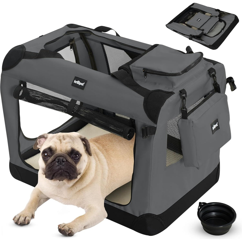 Leopet Draagbare Honden Transportbox 60 x 42 x 42 cm - Opvouwbare Reistas voor Hond of Kat - Stoffen Draagtas met TPE Lekbak en Verwijderbare Accessoiretas - Transporttas voor Auto en Thuisgebruik - Reishok met 3 Deuren en 2 Ramen