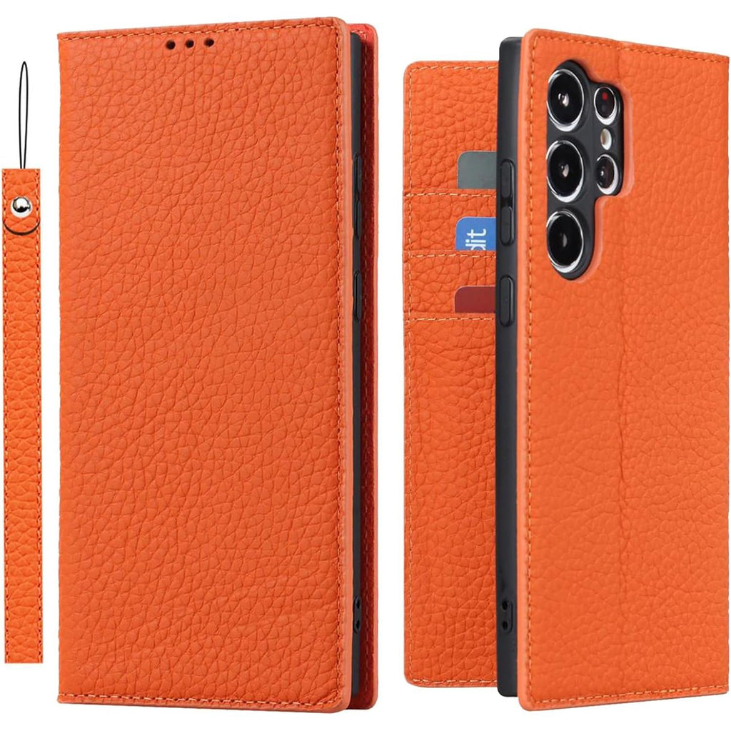 Hoesje voor Samsung Galaxy S23 Ultra - Echt Lederen Flip Case met Kaarthouder - Beschermende Leren Cover voor Galaxy S23 Ultra 5G - Oranje - Luxe en Duurzaam - Magnetische Sluiting - Volledige Bescherming - Stijlvolle en Functionele Beschermhoes