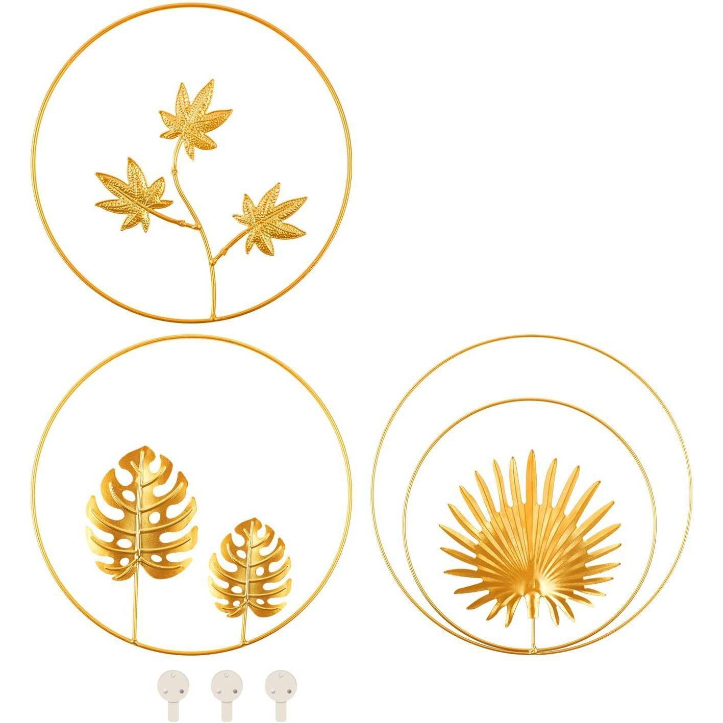 Stuks 3 - Moderne Metalen Wanddecoratie - Stijlvolle Ronde Blad Ornamenten - Elegante IJzeren Muurkunst voor Woon- en Slaapkamer - Goudkleurige 3D Sculpturen