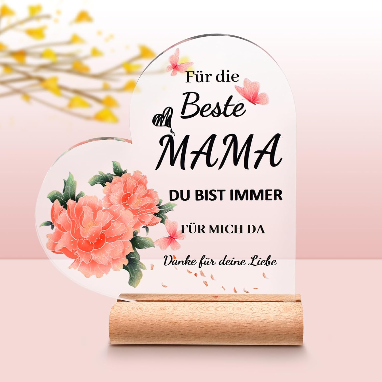 Persoonlijk Inspiratiegeschenk Voor Moeder - Acryl Decoratie Met Bloemen En Vlinders - Hoogwaardige Acryl Plaque Voor Moeders - Verjaardagscadeau Voor Moeder Van Dochter En Zoon - Moederdag Geschenk - Inclusief Houten Standaard