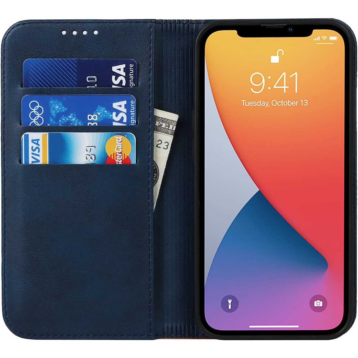 Hoesje voor iPhone 13 Pro max - Flip Portemonnee Lederen Hoesje met [3 Kaartsleuven][Staande Houder][Magnetische sluiting], Lederen Telefoonhoesje voor iPhone 13 Pro max - Blauw+Geel, Hoogwaardig Leer, Handige Stand, Veilige Sluiting, Luxe Bescherming